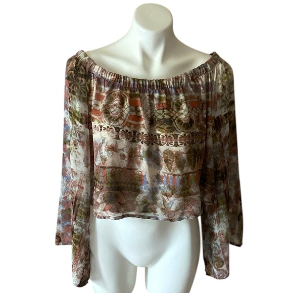 Honey Punch Women’s Brown Boho Off The Shoulder Bell Sleeves Crop Top One Size - Picture 1 of 7